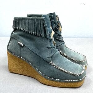 VTG Candies Booties Women 8.5 Mocs Wedge Platform Heels Blue Fringe Boho Hippie